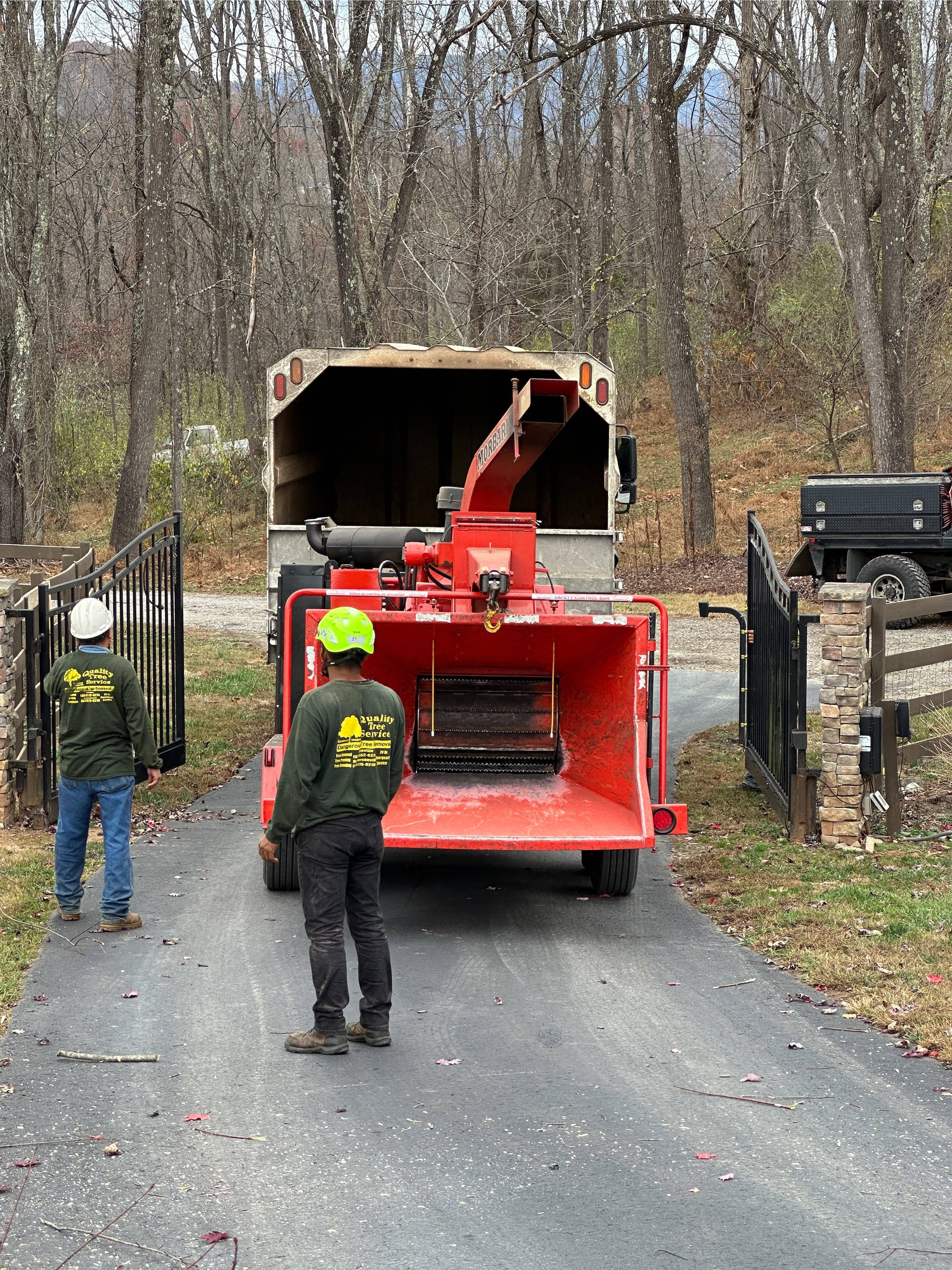 Two men standing next to a truck.