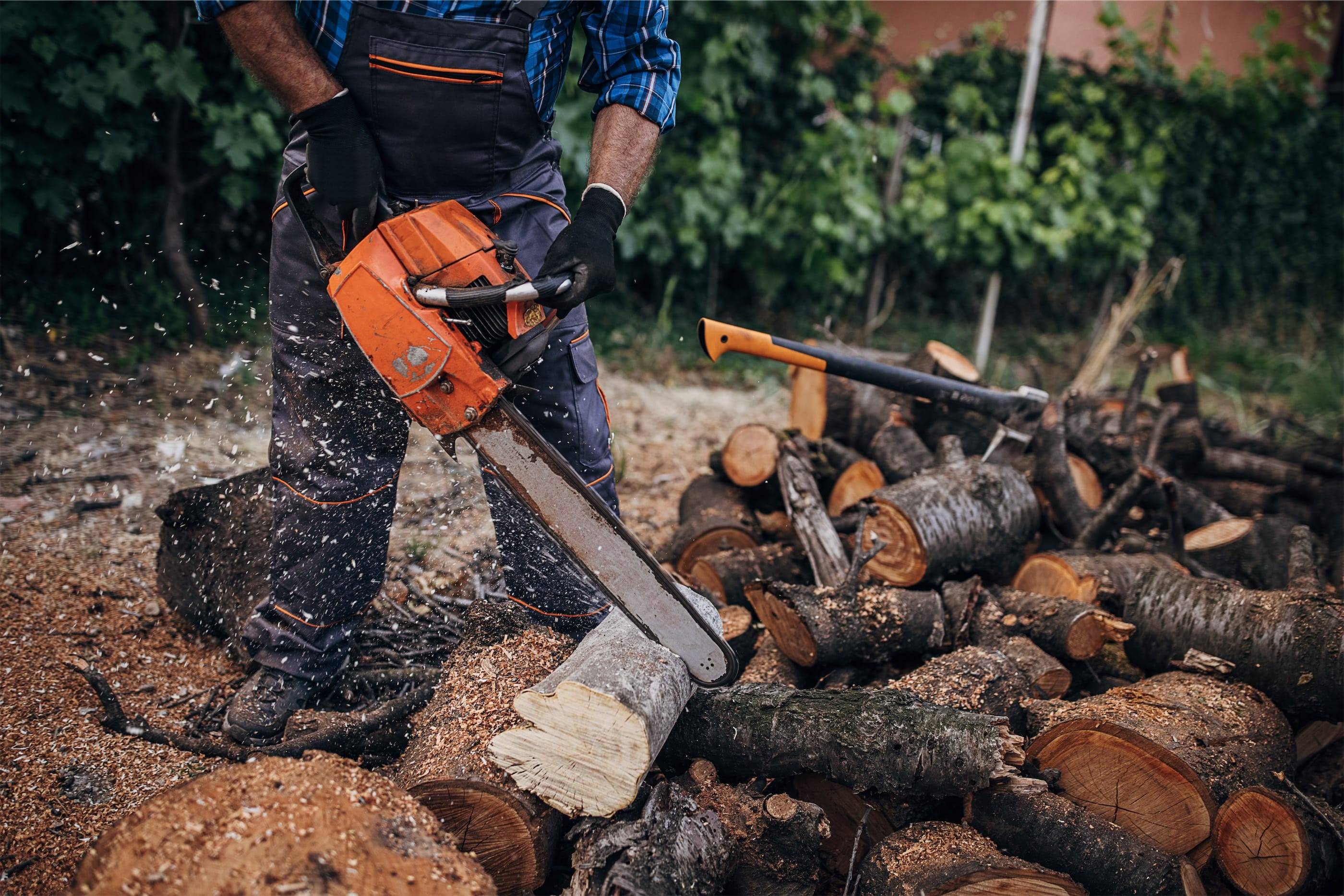 A man cutting logs with a chainsaw.