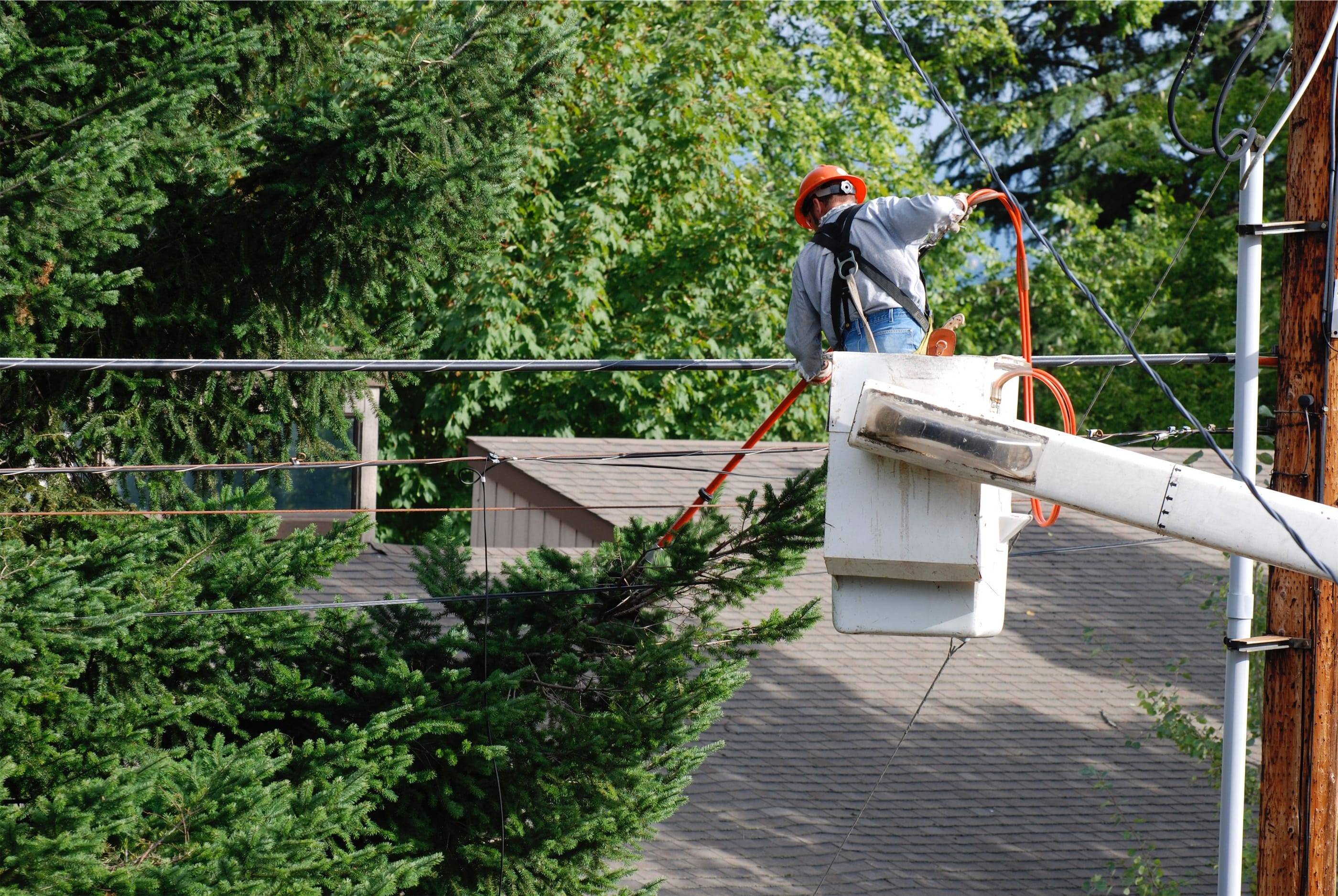 A man is working on a power pole.