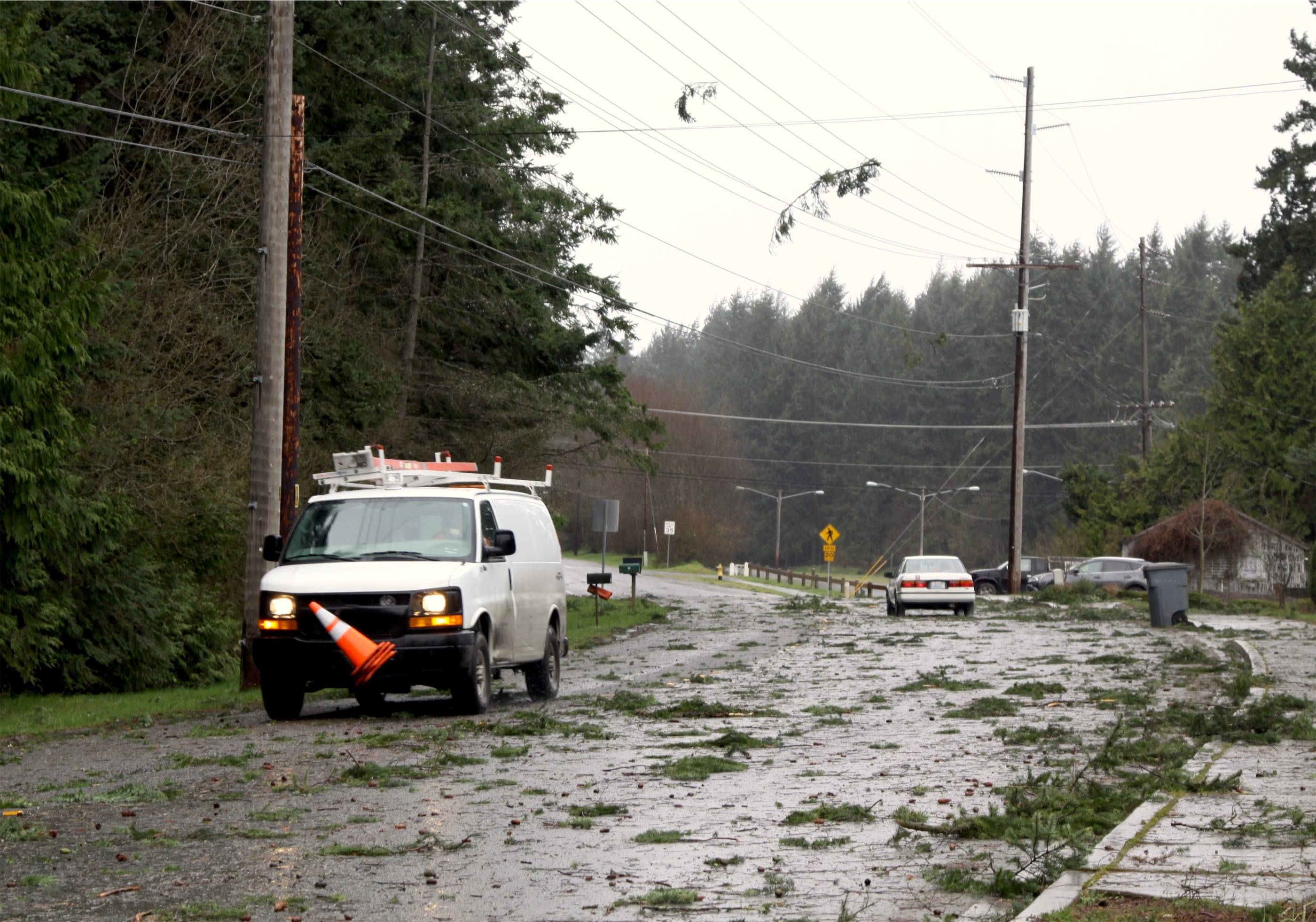 A truck drives down a street with a fallen tree.